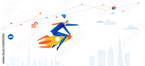 Successful business man flying with rocket. New business, start up. Development and progress support concept