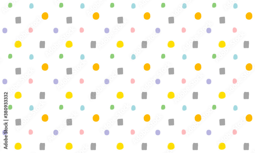 Cute seamless festive primitive background with yellow, blue, green, lilac dots and gray squares. Primitive baby white background Cute seamless festive primitive background with yellow, blue, green, lilac dots and gray squares. Primitive baby white background
