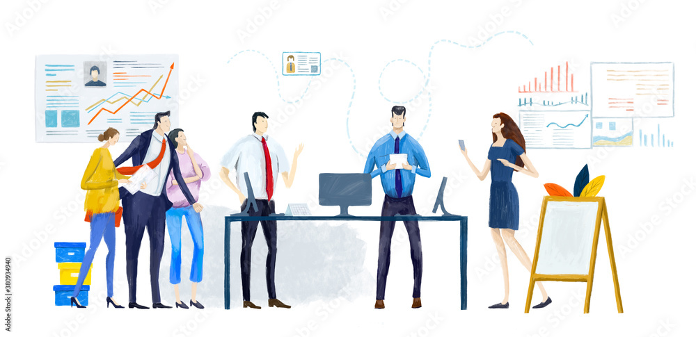 Digital illustration Big group of business people work in office, having a meeting, discussing the deal and business planning. Work together.  Business concept