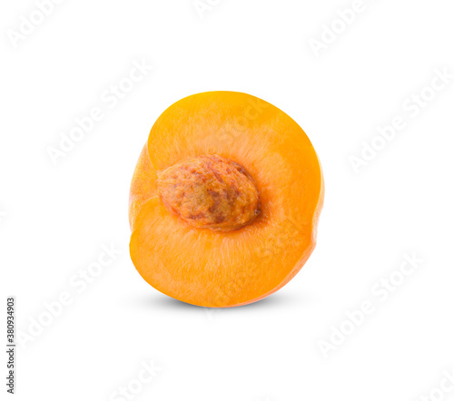 Ripe peach fruit with leaves and slises on white background. photo