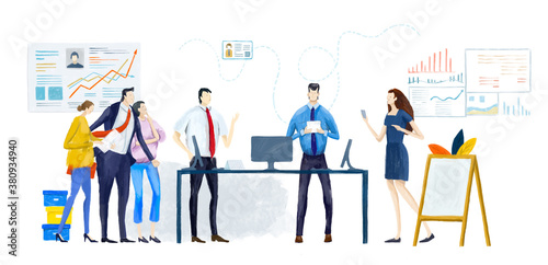 Digital illustration Big group of business people work in office, having a meeting, discussing the deal and business planning. Work together. Business concept