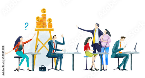 фотографія Digital illustration Big group of business people work in office, having a meeting, discussing the deal and business planning