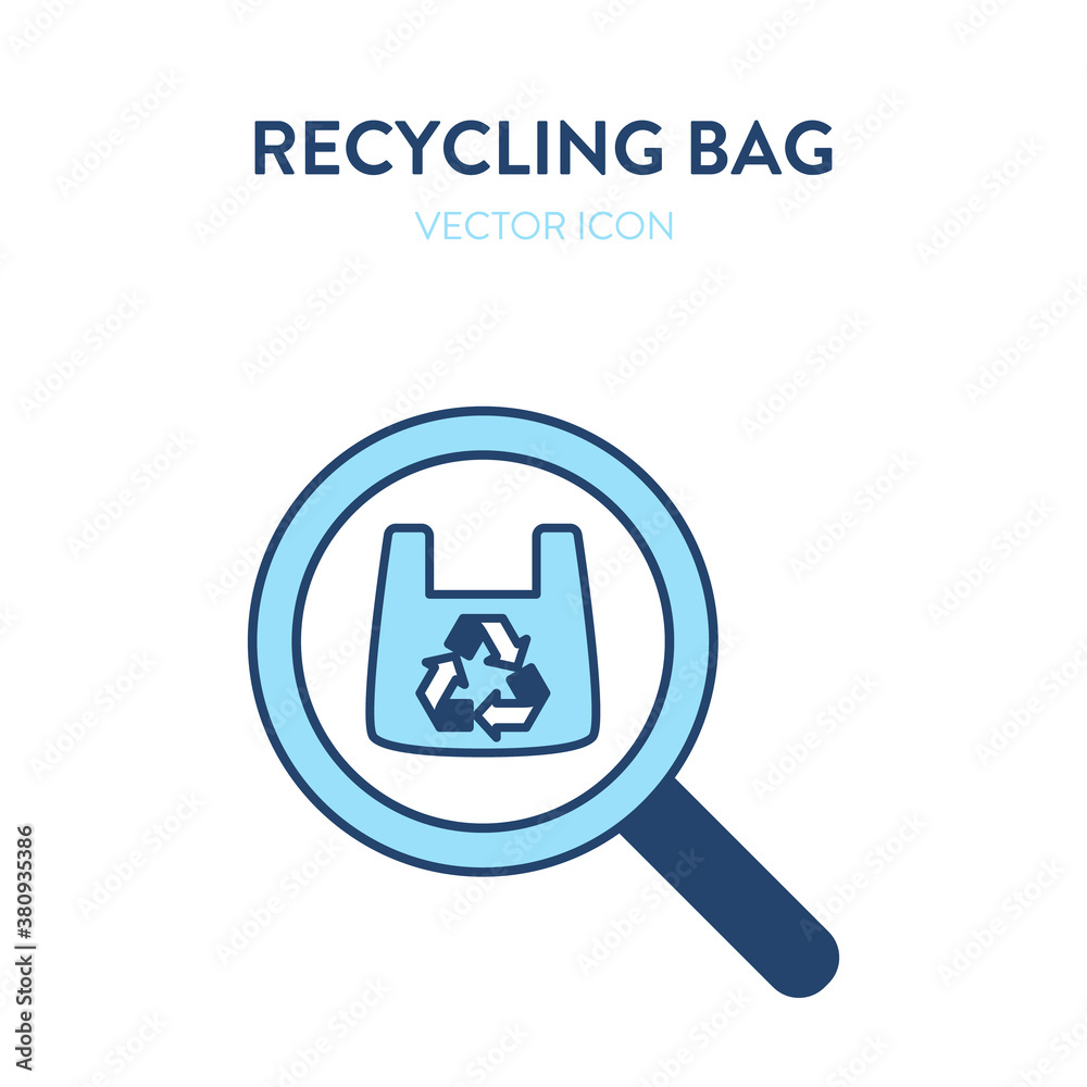 Eco bag search icon. Vector illustration of a magnifier tool with eco cloth bag with recycling symbol on it. Represents concept of environmental conservation, reduce waste plastic Eco bag search icon. Vector illustration of a magnifier tool with eco cloth bag with recycling symbol on it. Represents concept of environmental conservation, reduce waste plastic
