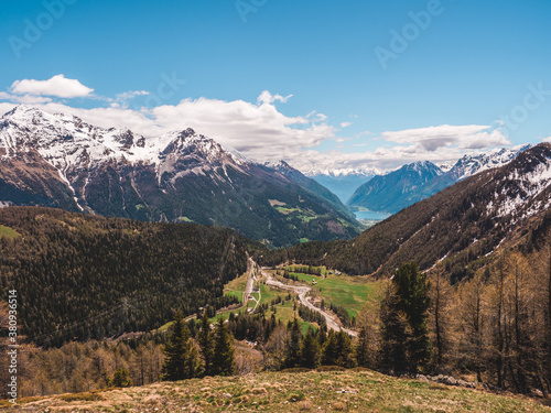 View from Alp Grüm down to Poschiavo, Graubünden, Switzerland