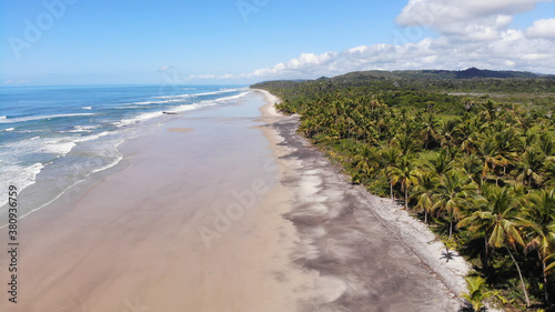 Fototapeta Naklejka Na Ścianę i Meble -  The amazing nature of Itacaré city, in Bahia. Beautiful beaches, palm trees and good waves.  Shot with drone.