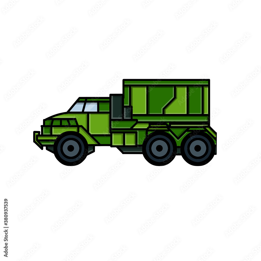 Military truck. Army transport. Transportation of cargo and ammunition. Modern technology in protective green color. Cartoon illustration isolated on white