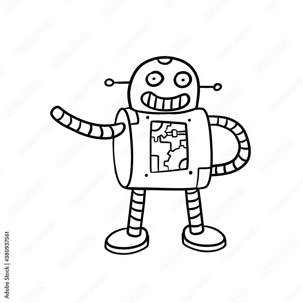 Robot. Doodle character. Metal computer man. Funny children drawing. Black and white cartoon illustration. Friendly Mechanism