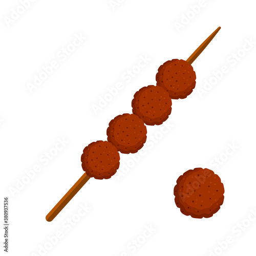 Meat balls on a stick. Food for grilling and frying. Barbecue element. Flat cartoon illustration. Brown meatball