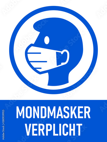 Mondmasker Verplicht ("Face Masks Required" in Dutch) Vertical Instruction Sign with an Aspect Ratio of 3:4. Vector Image.