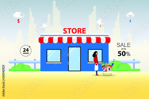 Concept of offline shopping, young women wear white medical face mask and standing with the basket in front of store to go back to the city.