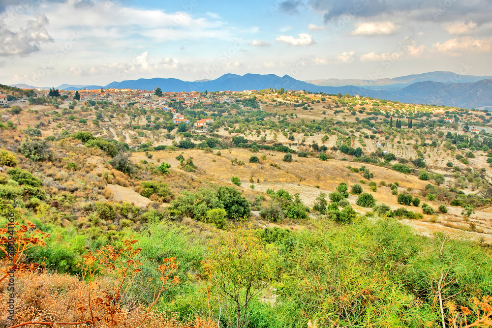 Fototapeta premium View, Pano, Lefkara, village,, Cyprus.mountain, hill, pictoresque, distance, from, panorama, old, landscape, panoramic, View of Pano Lefkara - a village on the island of Cyprus.