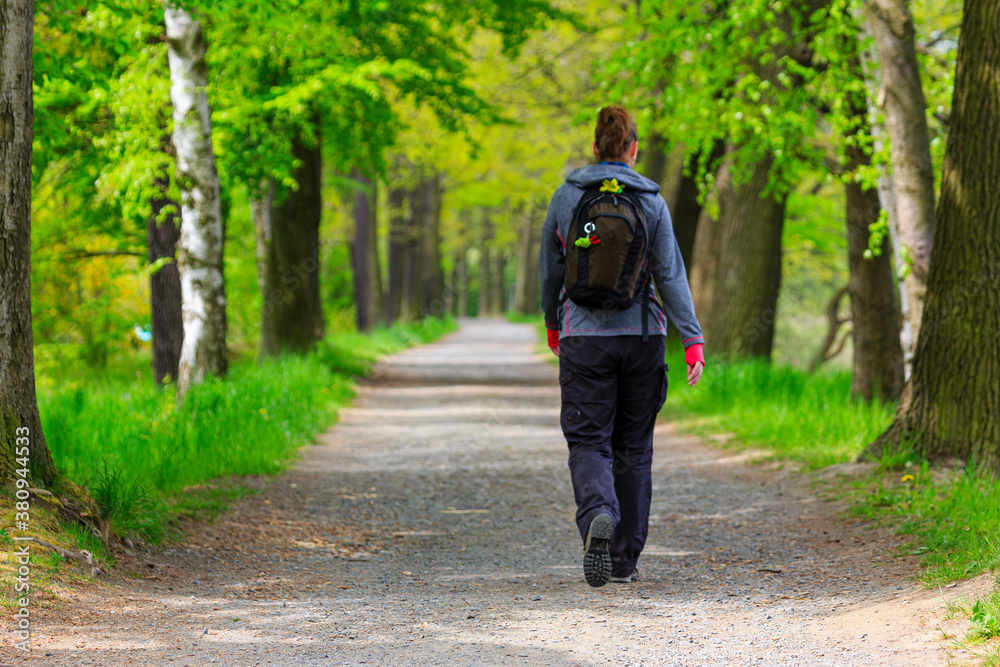 Single woman is hiking trough old deciduous forest, Thuringia, Germany Single woman is hiking trough old deciduous forest, Thuringia, Germany