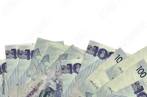 100 Philippine piso bills lies on bottom side of screen isolated on white background with copy space. Background banner template photo