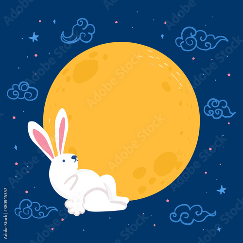 Happy Mid Autumn Festival Background vector illustration. Lazy rabbit on full moon