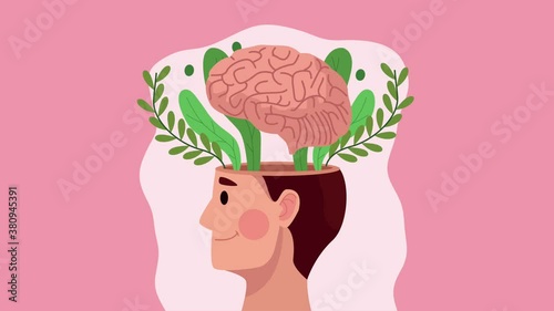 mental health animation with profile human and brain in leafs