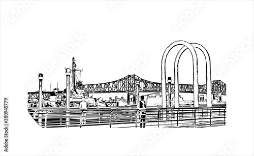 Building view with landmark of Baton Rouge is the capital of the U.S. state of Louisiana. Hand drawn sketch illustration in vector.