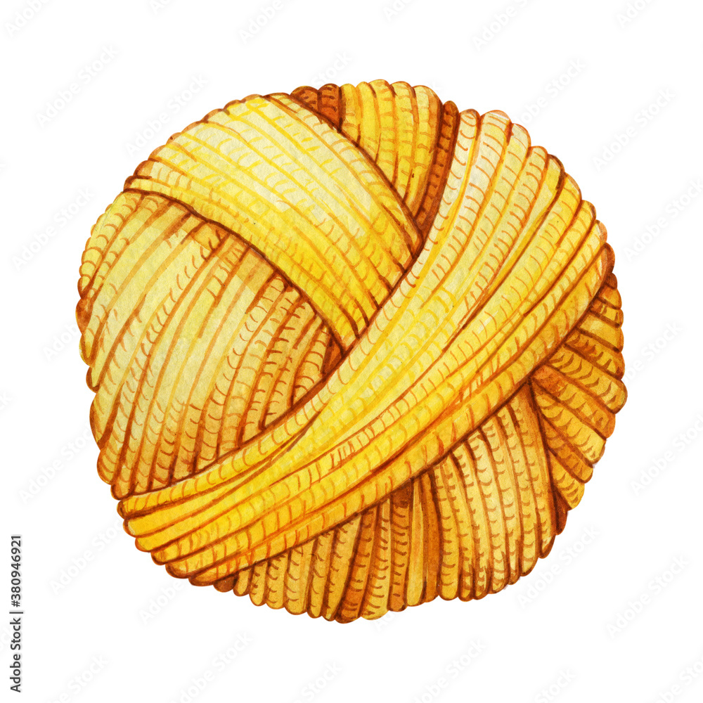 yellow ball of yarn, wool for knitting. Hand drawn watercolor illustration isolated on white background. Business card design, logo, icon, handicraft yellow ball of yarn, wool for knitting. Hand drawn watercolor illustration isolated on white background. Business card design, logo, icon, handicraft