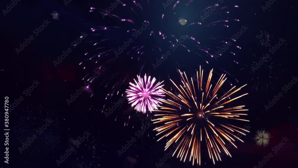4K Abstract Loop seamless of real Fireworks Show Explosion Background. Real Shining Fireworks Bokeh Lights in Night Sky. New year's Celebration. Happy Birthday, Wedding, Confetti, Diwali, Christmas