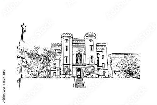 Building view with landmark of Baton Rouge is the capital of the U.S. state of Louisiana. Hand drawn sketch illustration in vector.