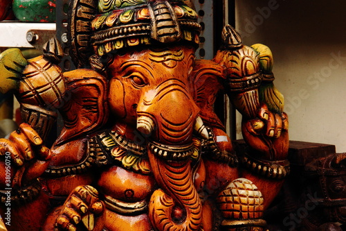 Ganesha Statue, Indian Artwork, Wooden Carving, Close-up 
