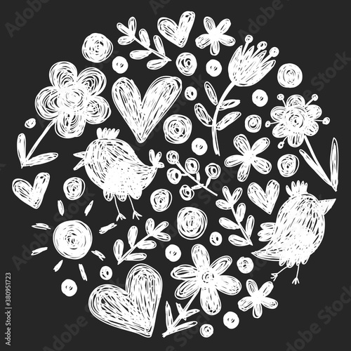 Children kindergarten pattern with flowers and birds. Kids floral vector llustration.