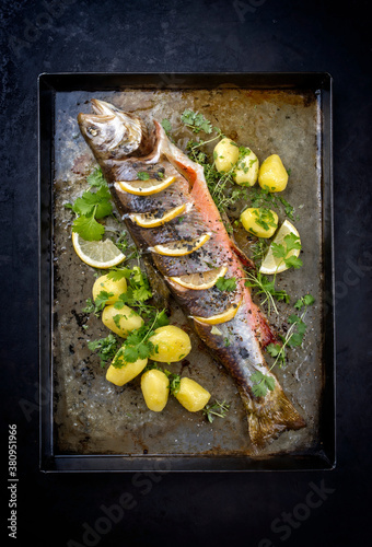 Traditional smoked and roasted char with boiled potatoes and lemon slices offered as top view on a rustic metal tray photo