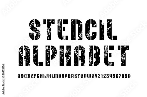 Stencil font, condensed alphabet, modern geometric modular letters and numbers, book symbols for newspaper headline or your street poster design, vector illustration
