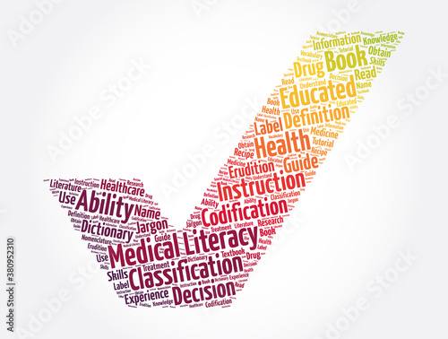 Medical Literacy check mark word cloud collage, concept background