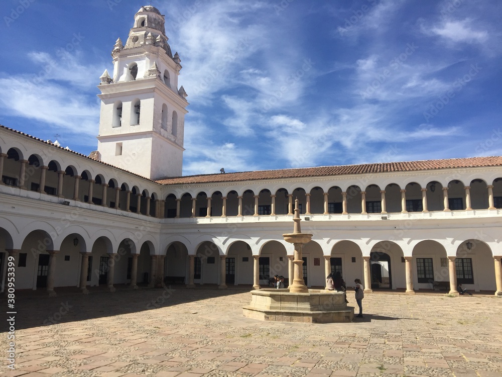 The beautiful and old Spanish buildings of Sucre, the white city of Bolivia. 