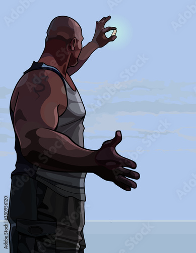 cartoon muscular man looking at the capsule in his hand