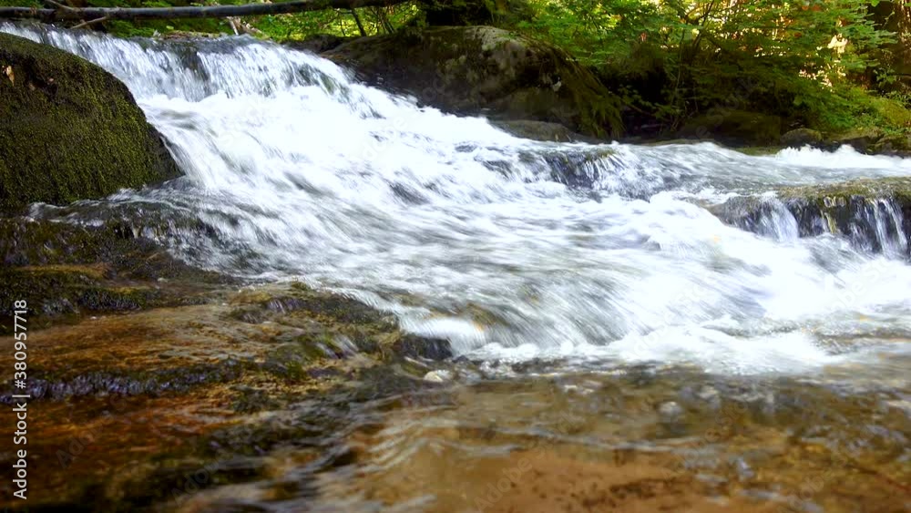 Mountain river - stream flowing through thick green forest. Stream in dense wood. Bistriski Vintgar, Slovenia Mountain river - stream flowing through thick green forest. Stream in dense wood. Bistriski Vintgar, Slovenia