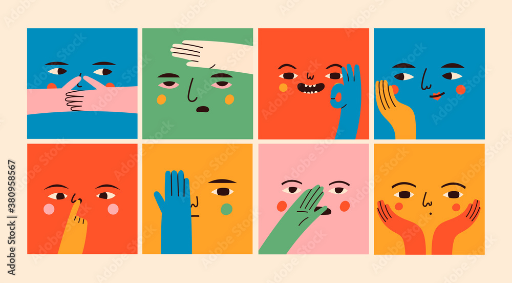 Square abstract comic Faces with various Emotions and hand gestures. Different colored characters. Cartoon style. Flat design. Hand drawn trendy Vector illustrations. Every face is isolated