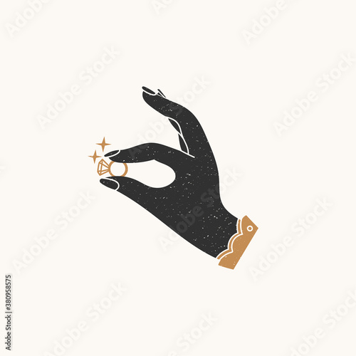 Graceful black Female hand holding and showing the Ring with a sparkling Diamond. Close up look. Wedding, jewelry, engagement concept. Hand drawn trendy colored Vector illustration. Isolated drawing