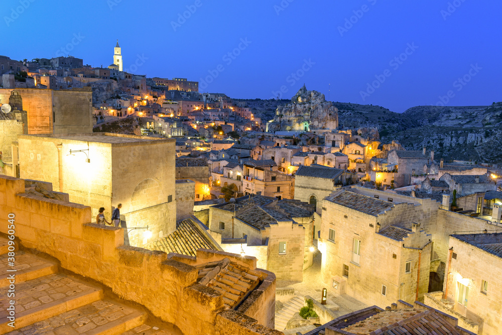 Night view of Matera on Italy