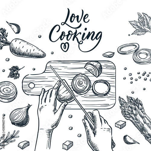 Healthy cooking meal preparation process vector sketch illustration. Human hands cut onion with knife on cutting board