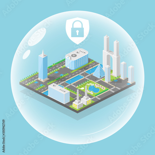 City lockdown with people and shutdown public transportation in modern isometric style illustration Vector.  Virus Protection Alert Advertising
