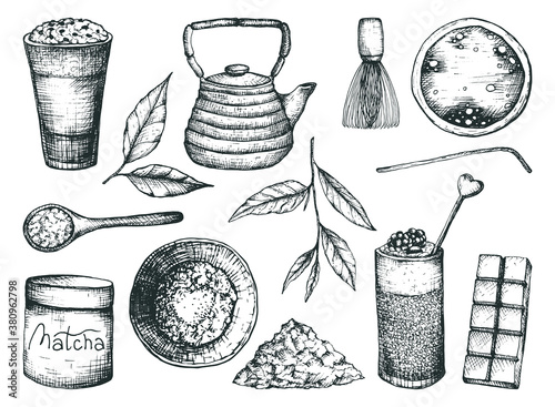 Vector illustration isolate on a white background set for matcha tea in a freehand drawing style. Mugs with tea, leaves and powder, teapot and glasses with a drink outline