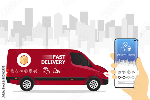 Fast delivery service app on smartphone: van delivering a box and man tracking an order using his smartphone, city street in the background, logistics and technology concept