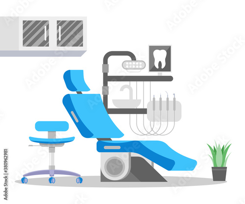 Dental Chair unit with adjustable  hand pieces, sink, lamp and shelves. Modern dentistry equipment. Dentist office. Dentistry or stomatology clinic interior. Flat vector illustration