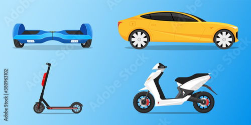 Eco Transport Set Electric Scooter Bike Car Hoverboard Vector Illustration eco-friendly