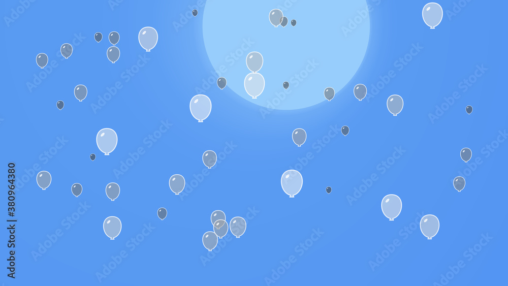 Balloons float in the air. Background with blue tones. Wallpaper with geometric shapes.