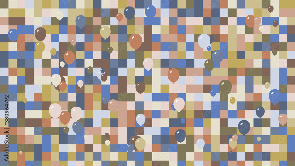 Balloons in front of geometric squares with blue and brown colors. Checkered background with large squares and shapes. Balloons in front of geometric squares with blue and brown colors. Checkered background with large squares and shapes.