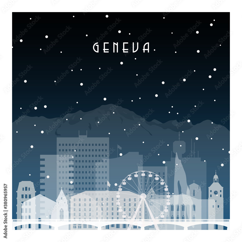 Winter night in Geneva. Night city in flat style for banner, poster, illustration, background.