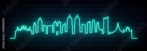 Blue neon skyline of Mumbai. Bright Mumbai City long banner. Vector illustration.