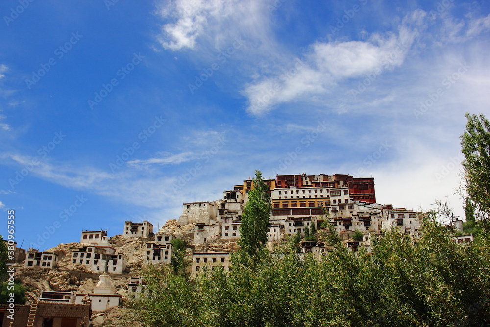 Thikse Gompa,  Thikse Monastery, Ladakhi, Tiksey, Thiksey or Thiksay, gompa, Tibetan-style monastery, Leh, Ladakh,  India with mountains and blue sky