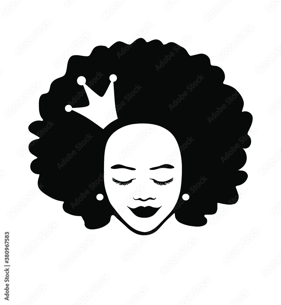 Face of a  African American girl woman beautiful lady head face  vector silhouette drawing illustration with curly hair crown isolated on  white . Stock Vector | Adobe Stock