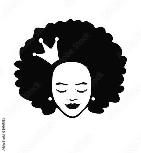 Face of a child.Black African American girl woman beautiful lady head face vector silhouette drawing illustration with curly hair crown isolated on white background.Queen.Princess.