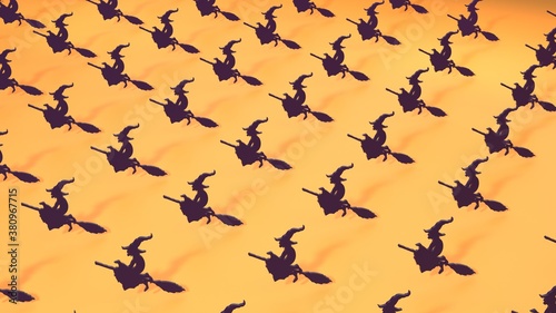 Halloween minimal pattern made with paper witch and bat. Autumn holiday Halloween holidays concept background. Holiday party decoration. 3d rendering