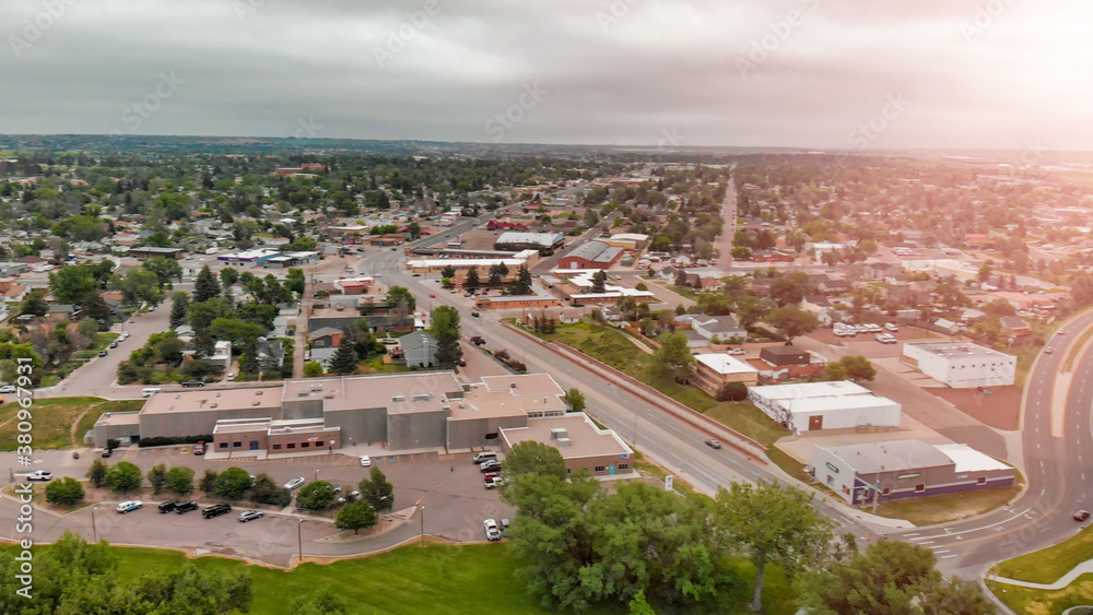 Aerial view of Cheyenne cityscape, Wyoming. Drone viewpoint on a cloudy day