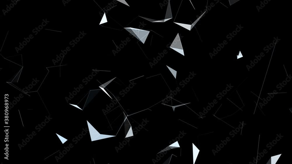 Abstract glass effect network lines and triangles motion movement on black background. 